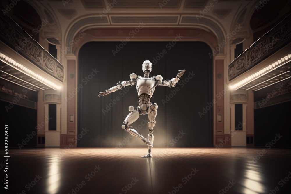 Poster a robot is dancing in a dark room with lights dance studio performance photography robotics engineer