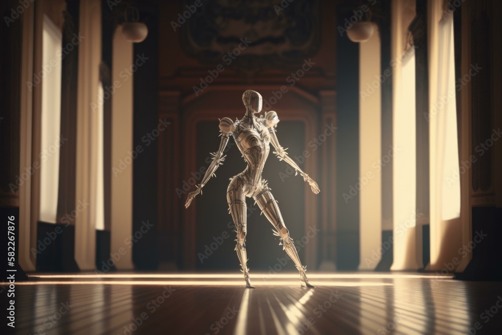 Poster a skeleton standing in a room with a light shining on it dance studio animation animation generative