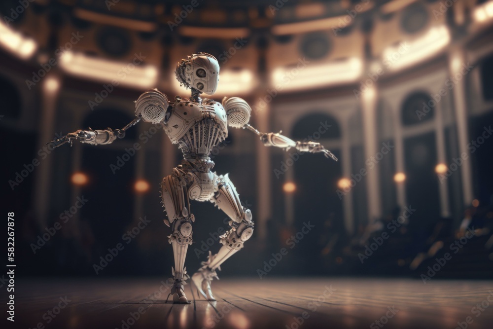 Poster a robot is standing in a large room with a ceiling dance studio animation artificial intelligence ge