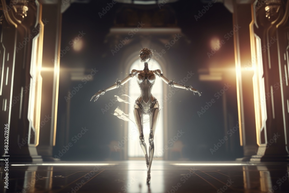 Aufkleber a woman in a futuristic suit is dancing in a hallway arcade animation artificial intelligence genera
