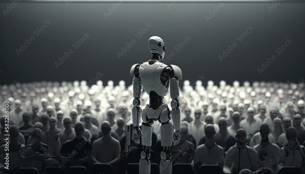 Poster a robot standing in front of a crowd of people workshop assemblage artificial intelligence generativ