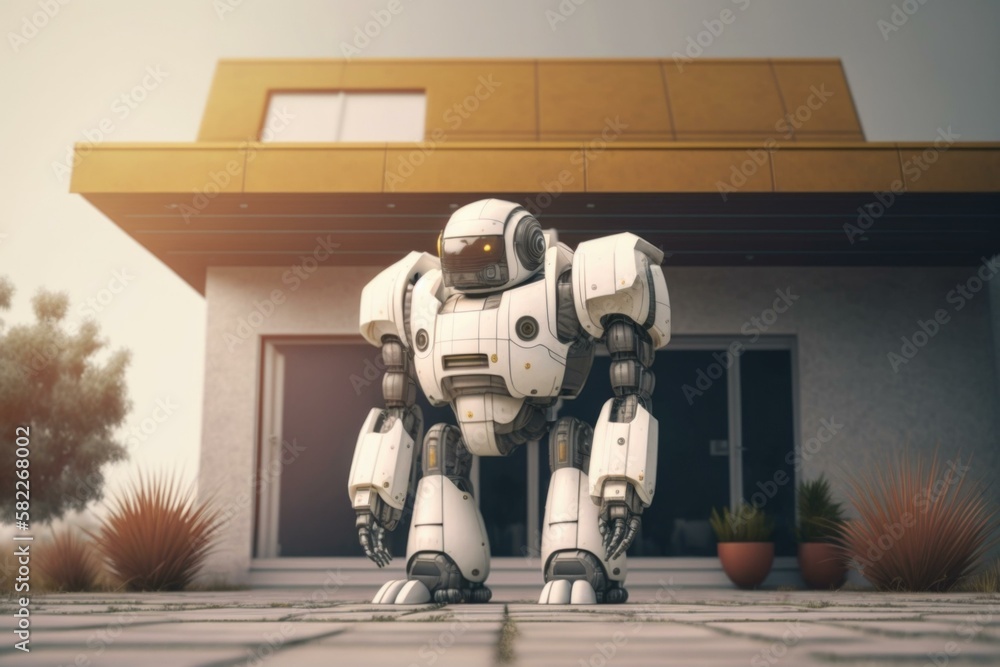 Poster a robot standing in front of a house with a plant military base animation robotics engineering gener