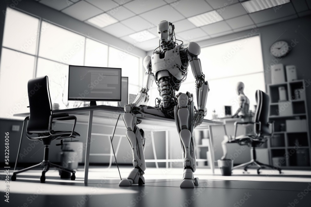 Poster a robot sitting in an office chair next to a desk workshop infrared photography robotics engineering
