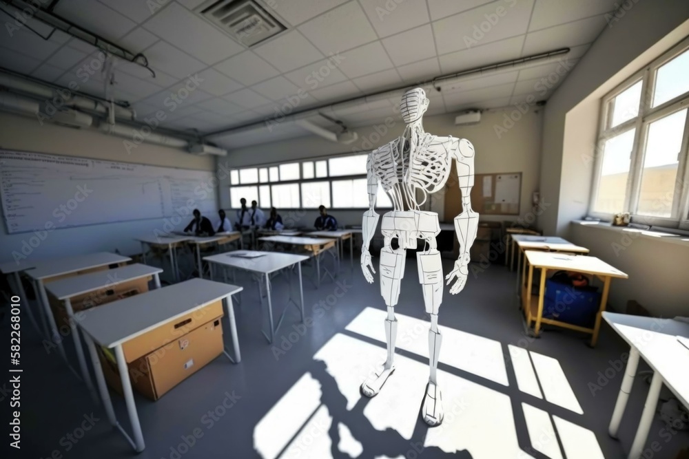 Poster a computer generated image of a human skeleton in a classroom classroom panoramic photography 3d mod