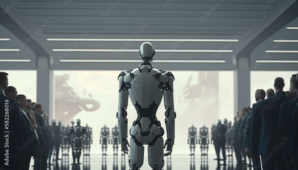 Poster a robot standing in front of a group of people factory animation robotics engineering generative ai