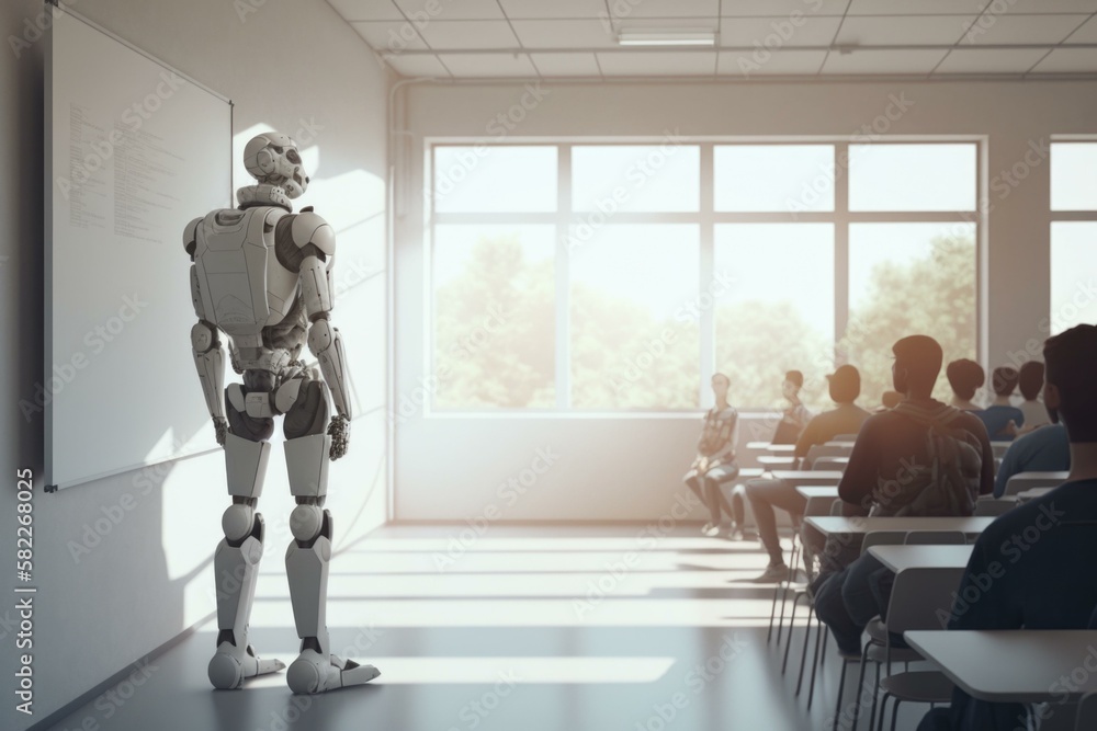 Poster a robot standing in front of a classroom full of students classroom environmental art robotics engin