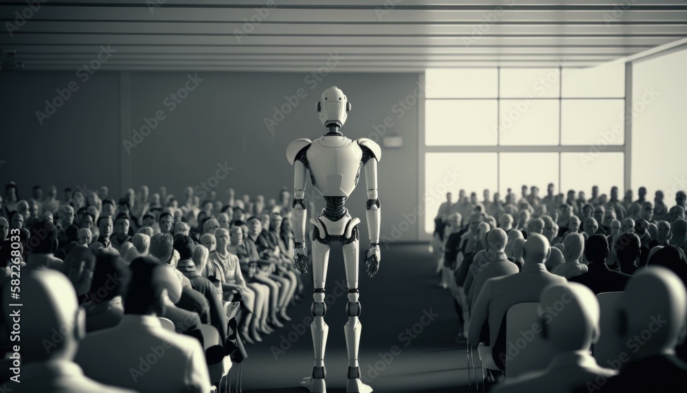 Poster a robot standing in front of a crowd of people conference room performance art artificial intelligen