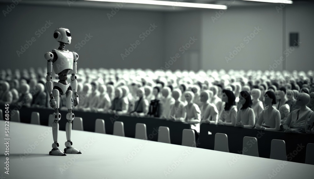 Poster a robot standing in front of a large group of people conference room assemblage robotics engineering