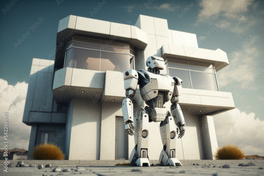 Poster a robot standing in front of a building with a sky background office building photorealism robotics 