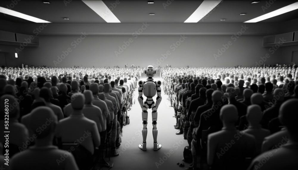Poster a man standing in front of a large crowd of people factory assemblage artificial intelligence genera