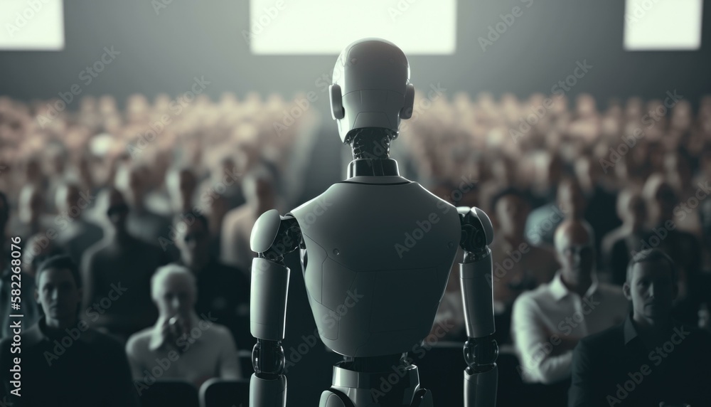 Poster a robot standing in front of a crowd of people workshop video art artificial intelligence