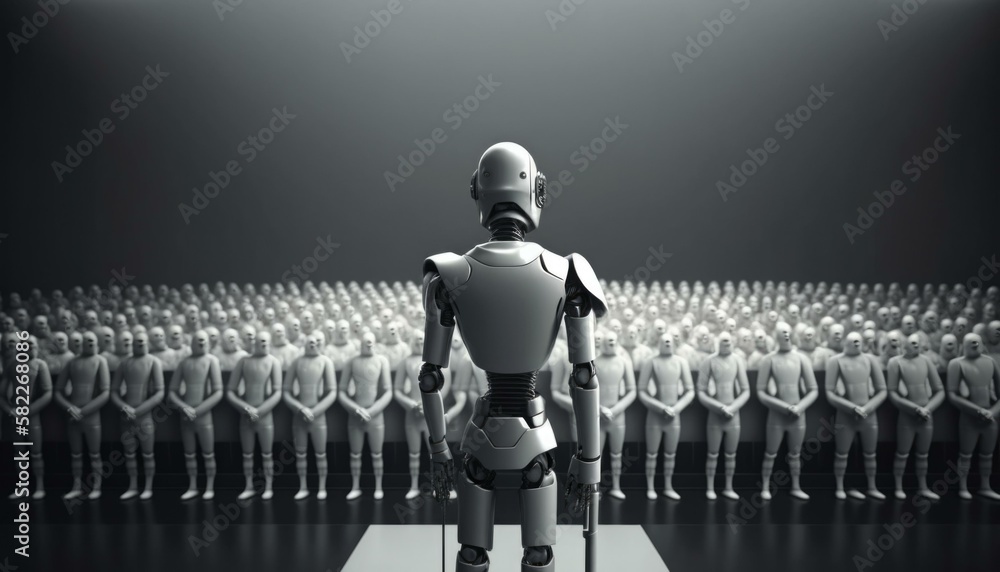 Poster a robot standing in front of a group of people factory assemblage robotics engineering generative ai