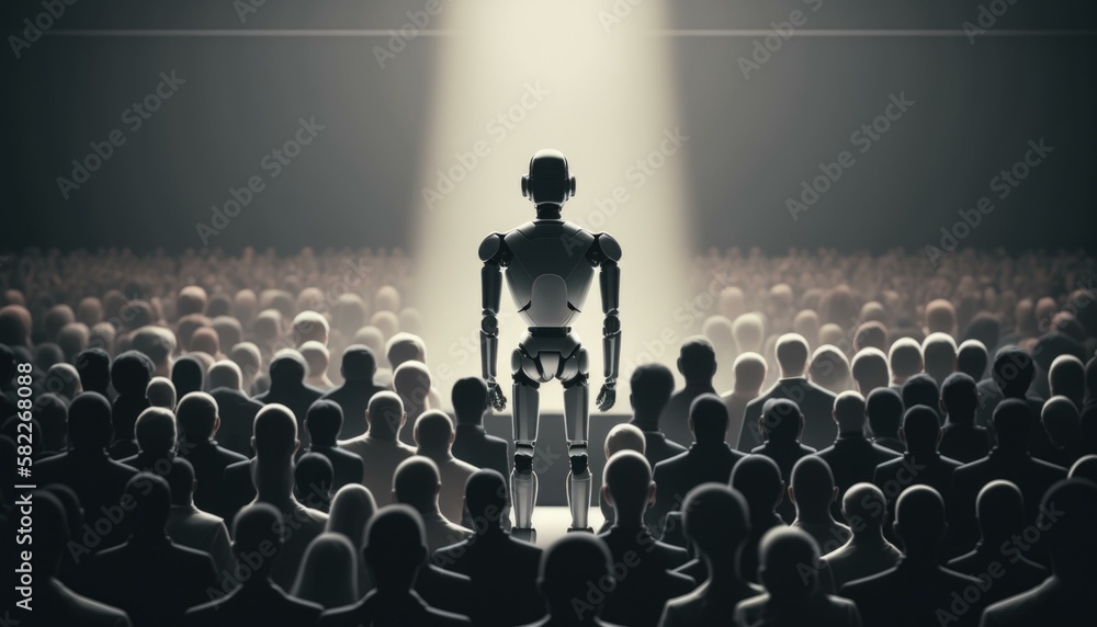 Poster a robot standing in front of a crowd of people factory assemblage artificial intelligence generative