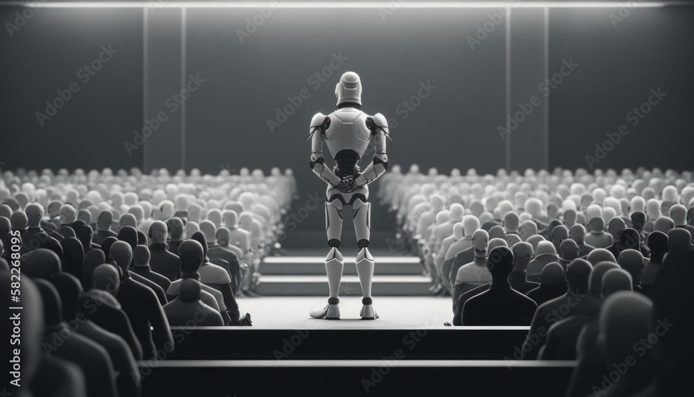 Fototapete a robot standing in front of a crowd of people movie theater animation artificial intelligence