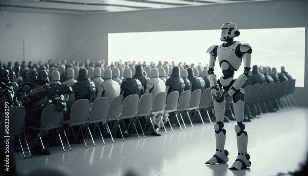 Poster a robot standing in front of a room full of chairs conference room dadaism artificial intelligence g