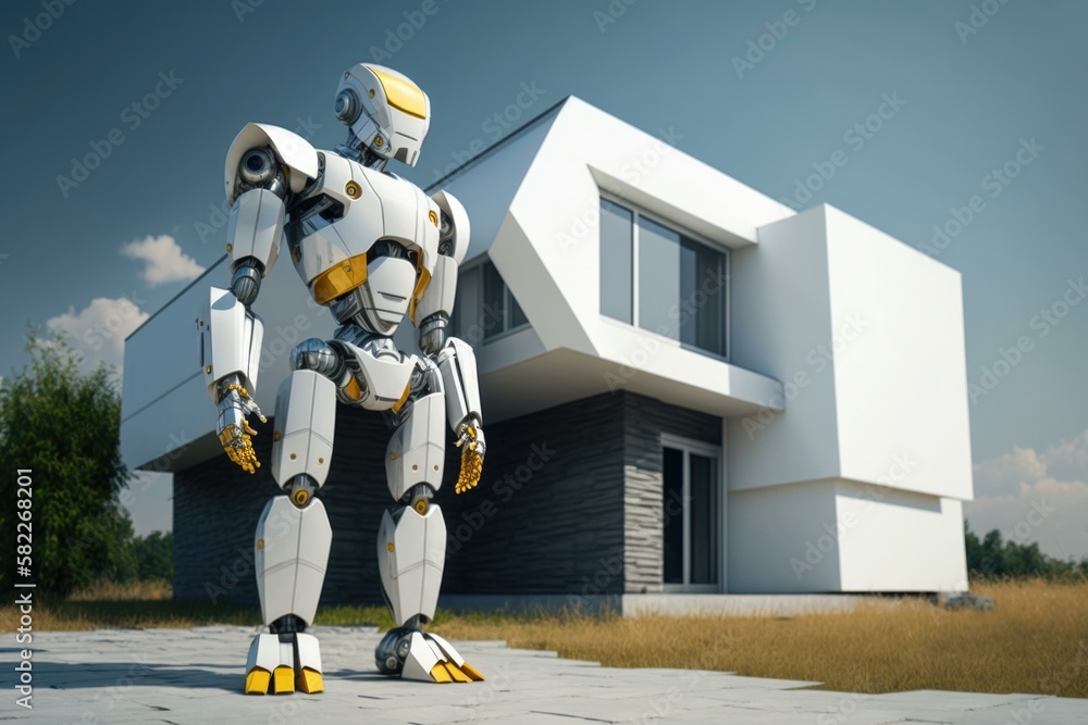Poster a robot standing in front of a house with a building in the background beach house photorealism smar
