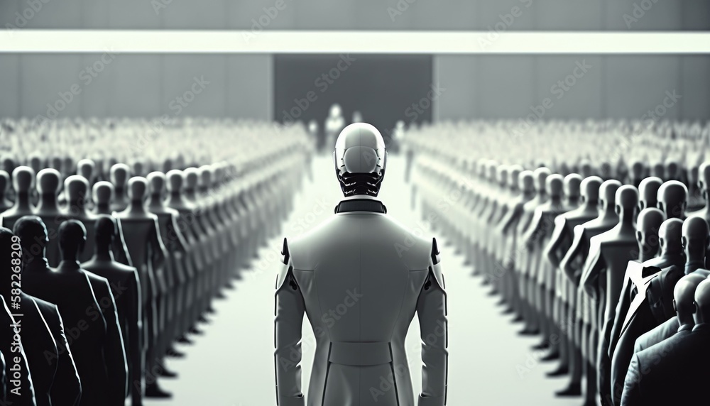 Poster a man standing in front of a large group of people factory animation robotics engineering generative