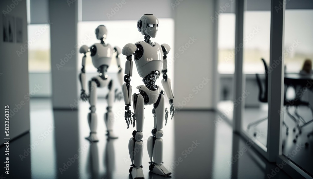Poster a group of humanoids standing in a room workshop stereoscopic photography robotics engineering