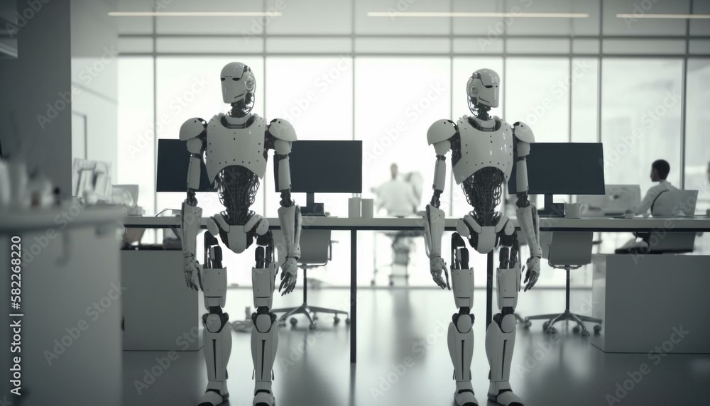 Poster two robots standing in an office setting with computers workshop animation robotics engineering gene