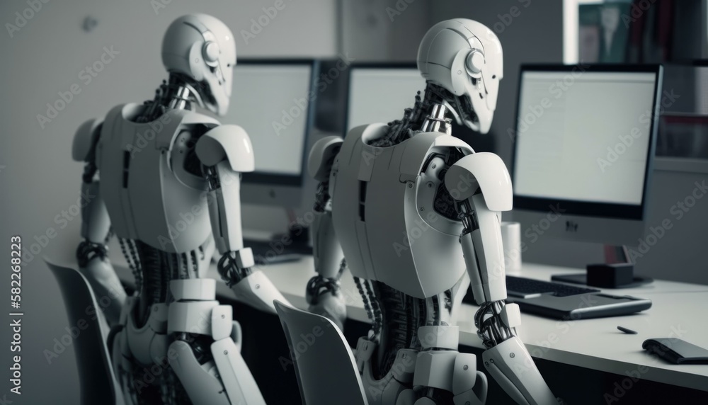 Poster a couple of robots sitting at a desk in front of a computer workshop animation artificial intelligen