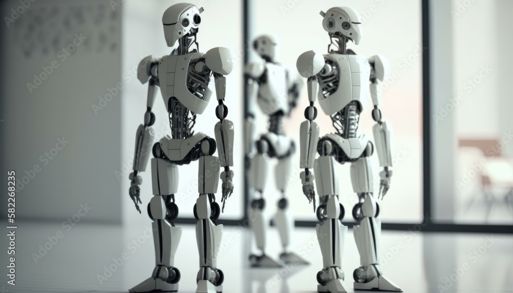 Poster a group of robot standing next to each other science museum animation robotics engineering generativ