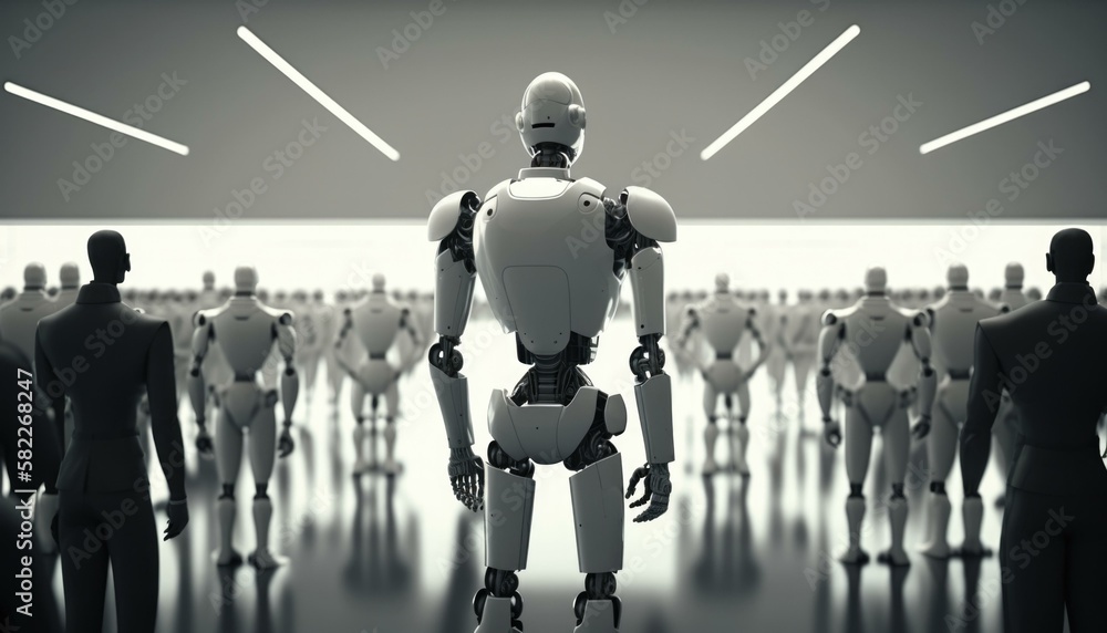 Poster a group of people standing in a room with a robot factory assemblage robotics engineering generative