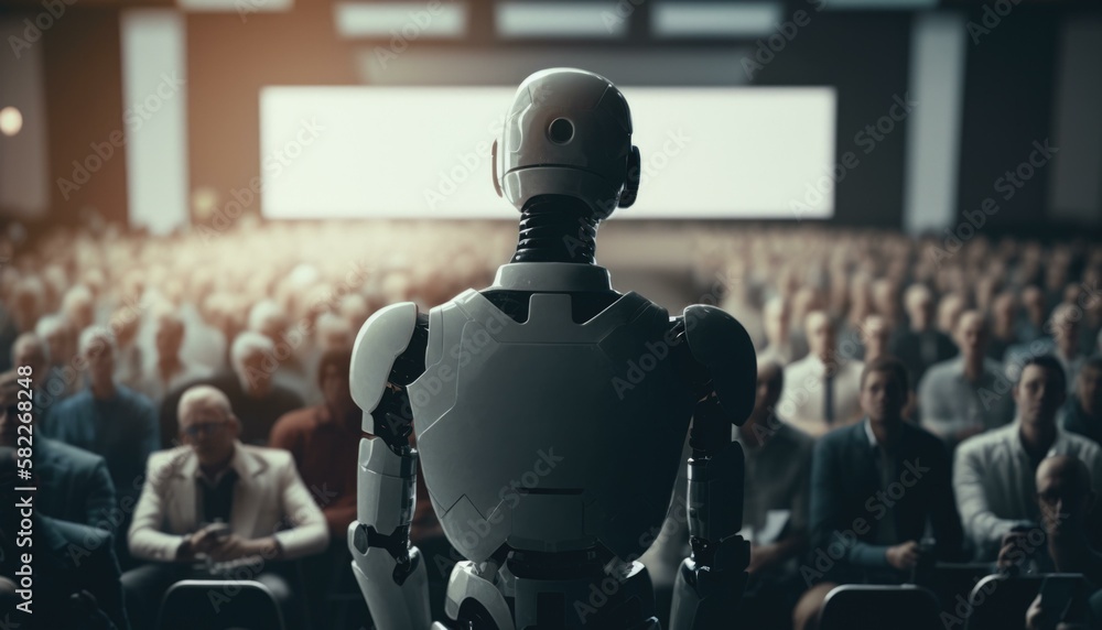 Poster a robot standing in front of a crowd of people movie theater performance art robotics engineering