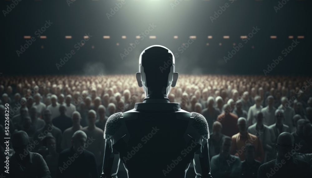 Poster a robot standing in front of a crowd of people factory animation artificial intelligence generative 