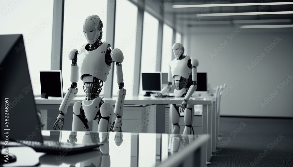 Poster a group of robots sitting at a desk in an office newsroom assemblage robotics engineering generative