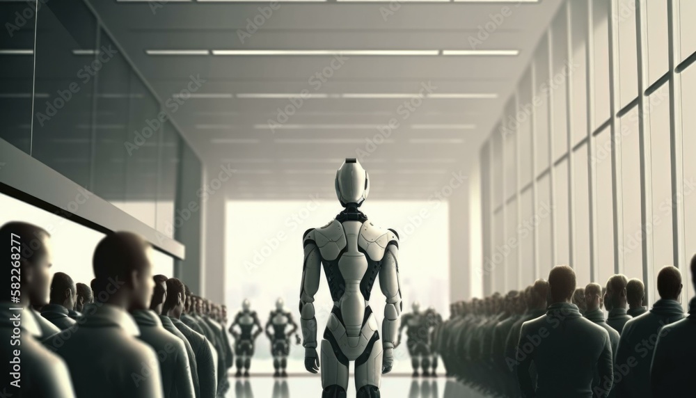 Poster a robot standing in front of a group of people factory animation robotics engineering generative ai