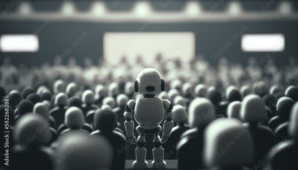 Poster a robot standing in front of a crowd of people movie theater animation theater performance