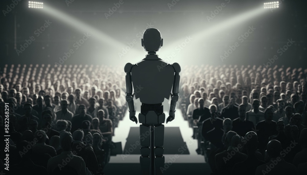 Poster a robot standing in front of a crowd of people factory animation animation filmmaking generative ai