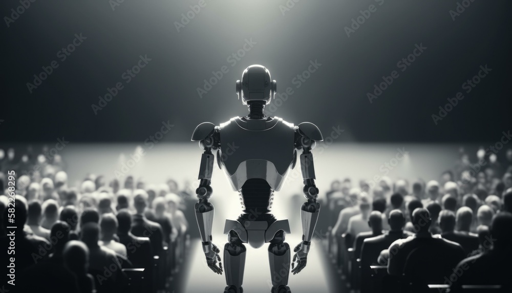 Poster a robot standing in front of a crowd of people movie theater animation theater performance