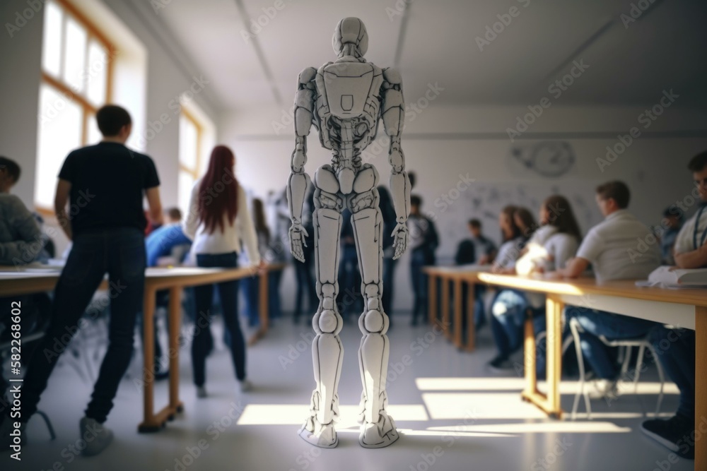 Poster a robot standing in a classroom with people sitting at desks workshop animation robotics engineering