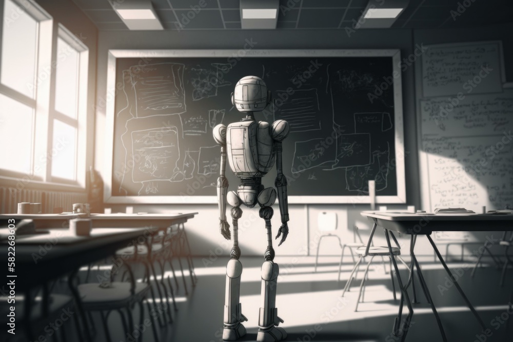 Poster a robot standing in front of a chalkboard in a classroom classroom animation animation filmmaking ge