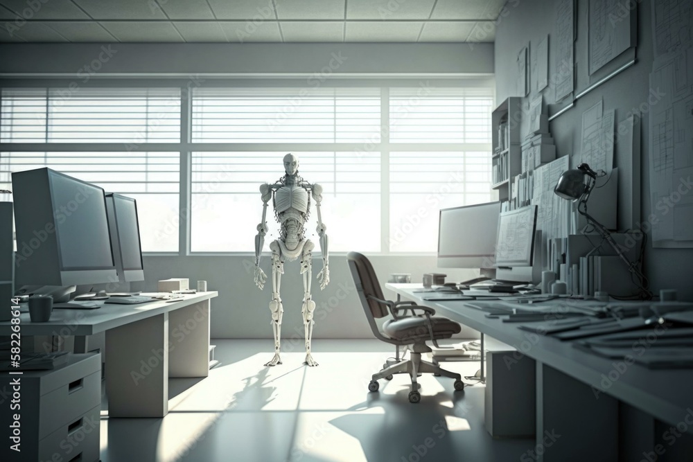 Poster a computer room with a skeleton standing in the middle of it workshop animation robotics engineering