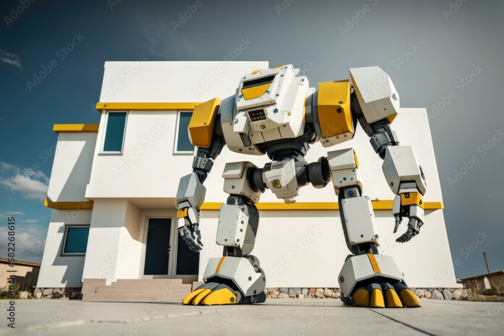 Poster a large robot statue in front of a building tundra panoramic photography robotics engineering genera