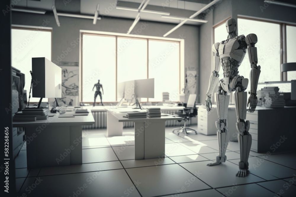 Poster a robot standing in a room with a desk and computer workshop animation robotics engineering generati
