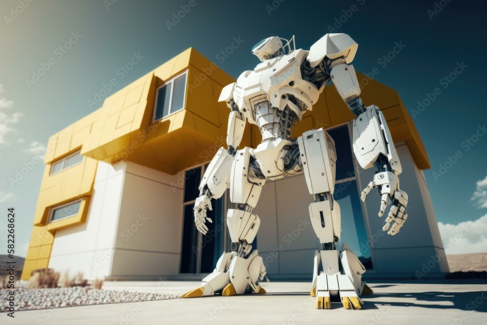 Poster a robot standing in front of a building with a yellow roof workshop panoramic photography robotics e