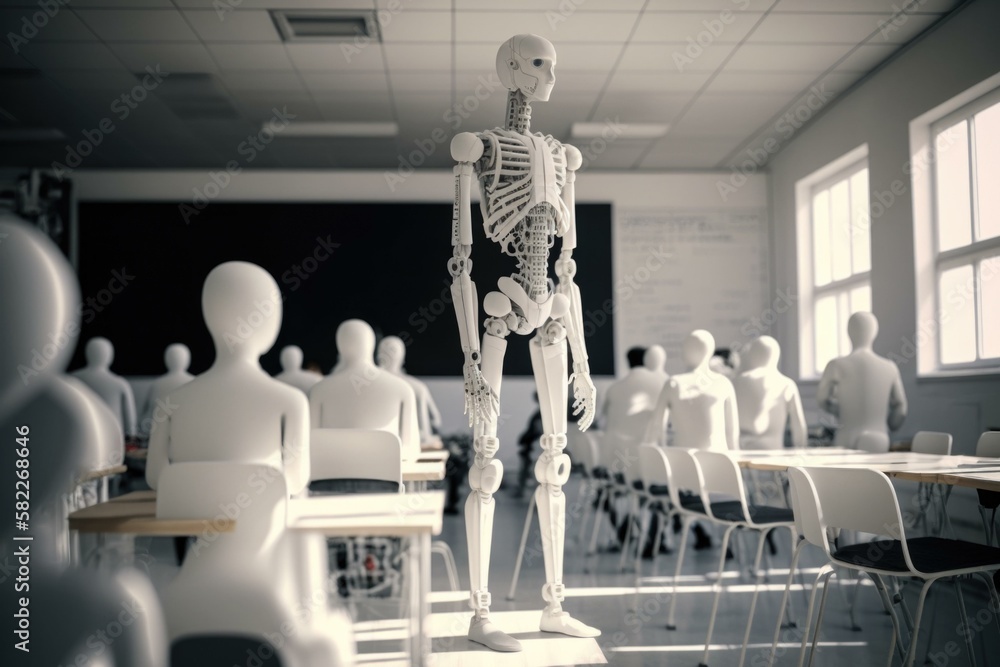 Poster a classroom with a skeleton statue in the middle of the room classroom assemblage science education