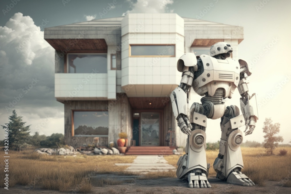 Poster a robot standing in front of a house in the middle of a field beach house photorealism smart homes g