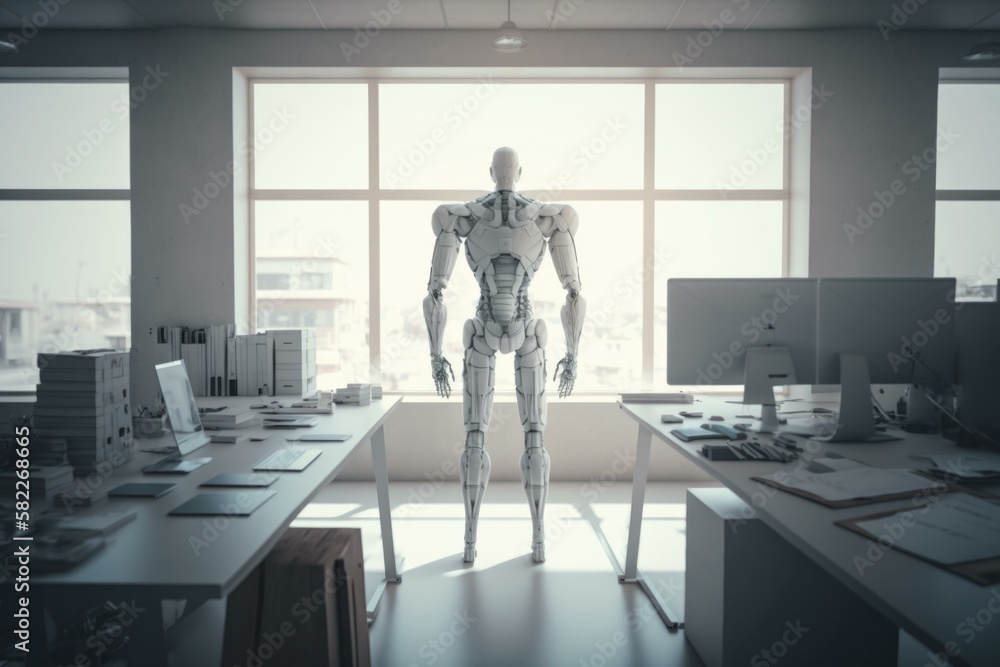 Poster a robot standing in an office with a lot of desks workshop animation robotics engineering generative