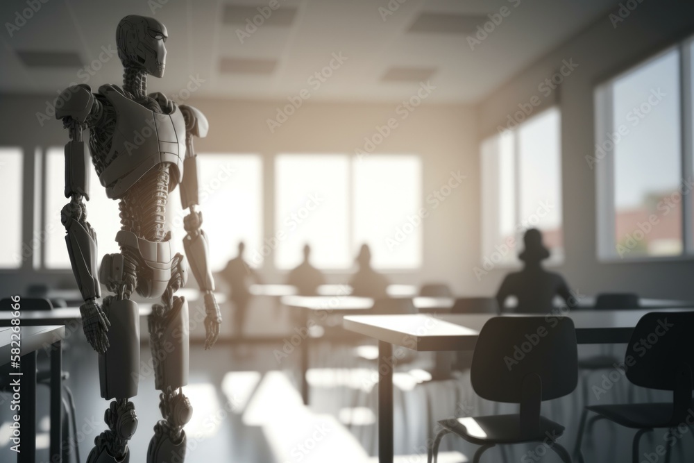 Poster a robot standing in a classroom with desks classroom constructivism robotics engineering generative 