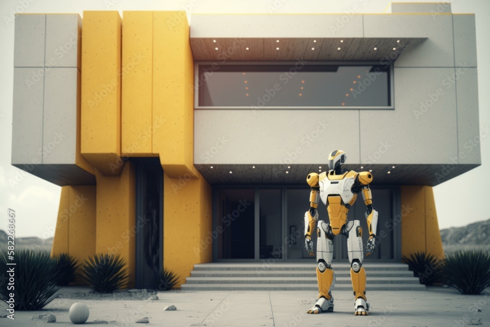 Poster a robot standing in front of a building with a staircase office building animation robotics engineer