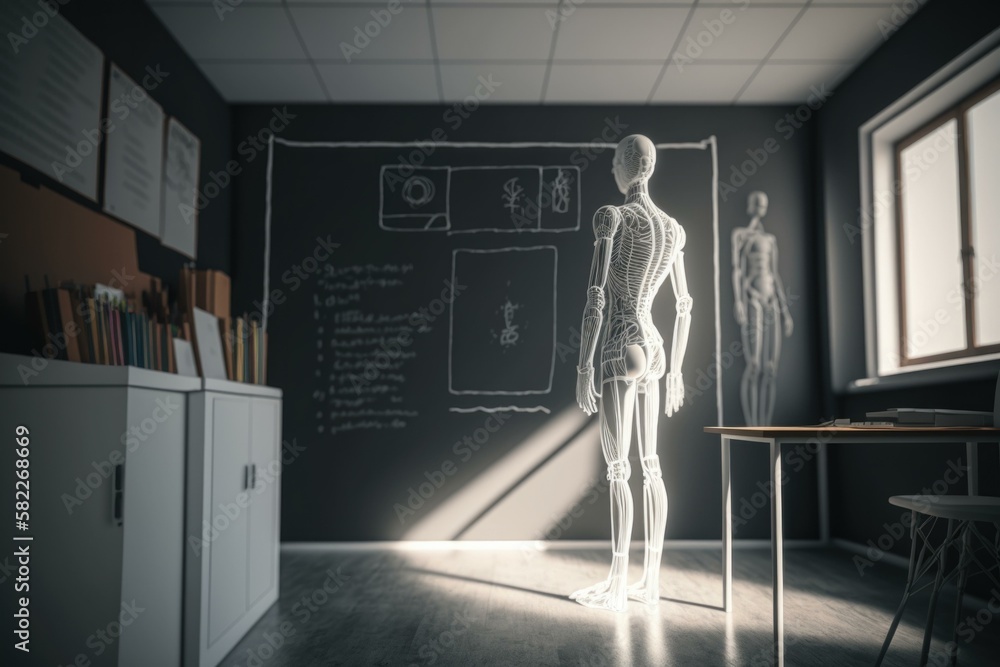 Poster a 3d rendering of a human standing in a room workshop animation artificial intelligence