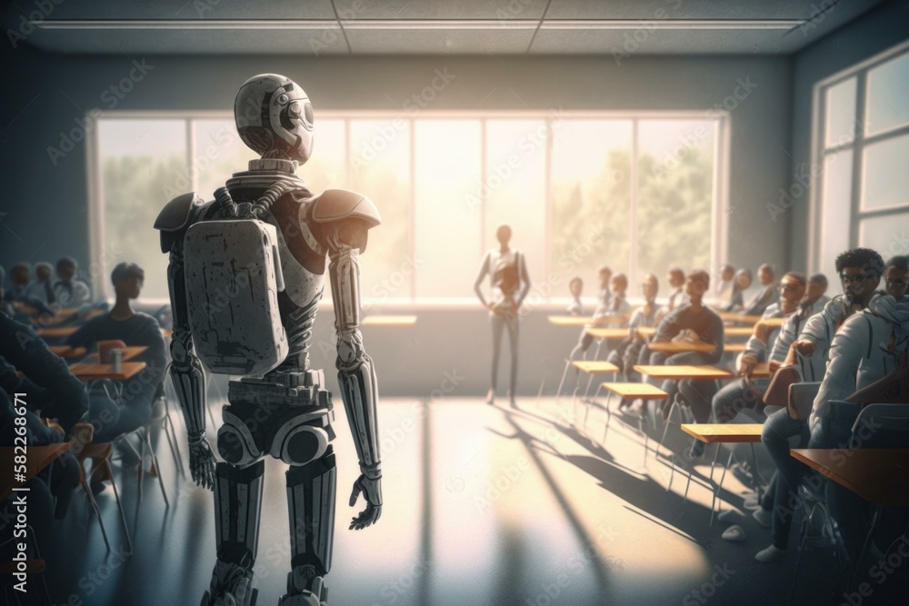 Poster a robot standing in front of a classroom full of students classroom animation robotics engineering g