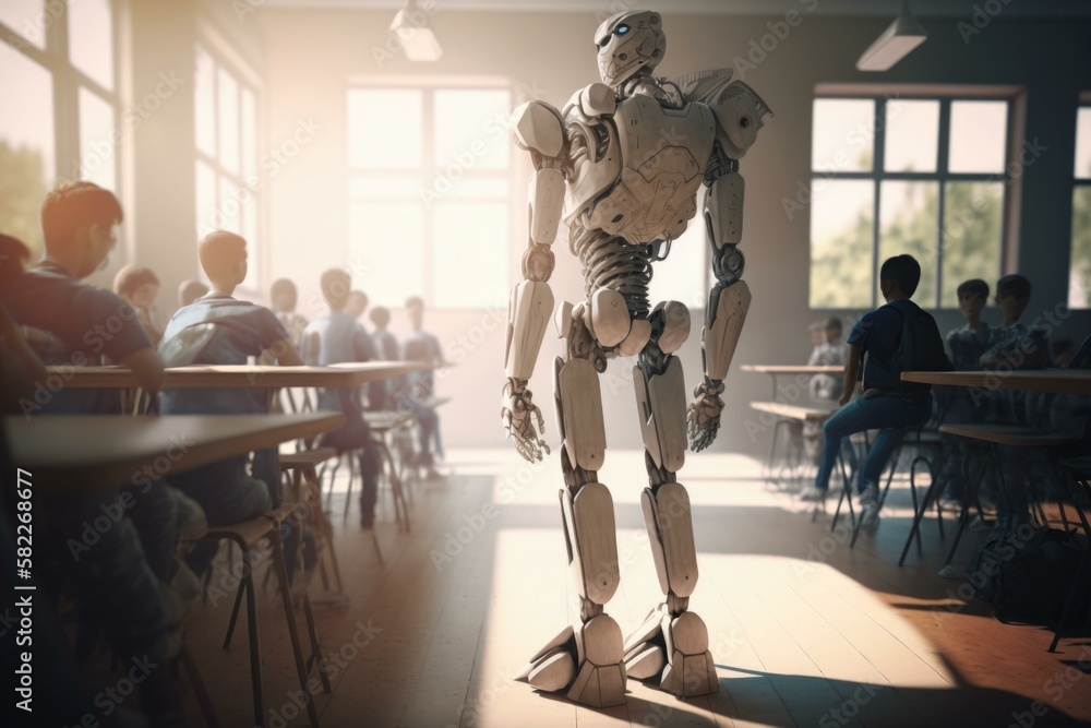 Poster a robot standing in a classroom with people sitting at desks classroom animation robotics engineerin