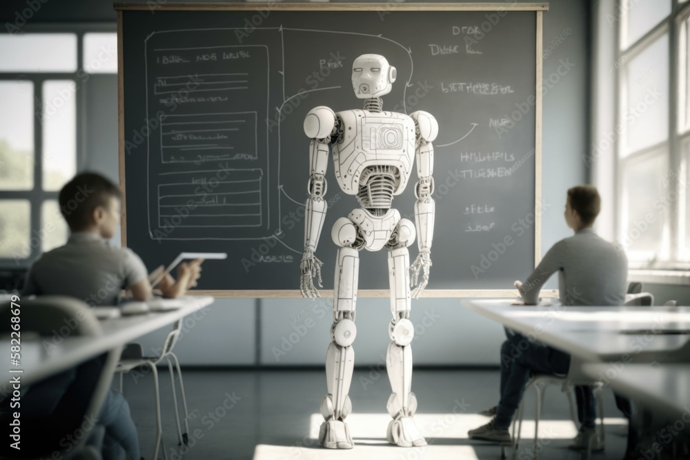 Poster a robot standing in front of a chalkboard in a classroom classroom animation robotics engineering ge