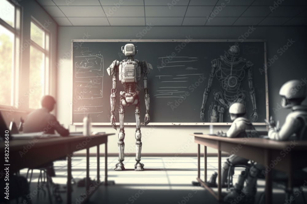 Poster a robot standing in front of a chalkboard in a classroom classroom animation robotics engineering ge