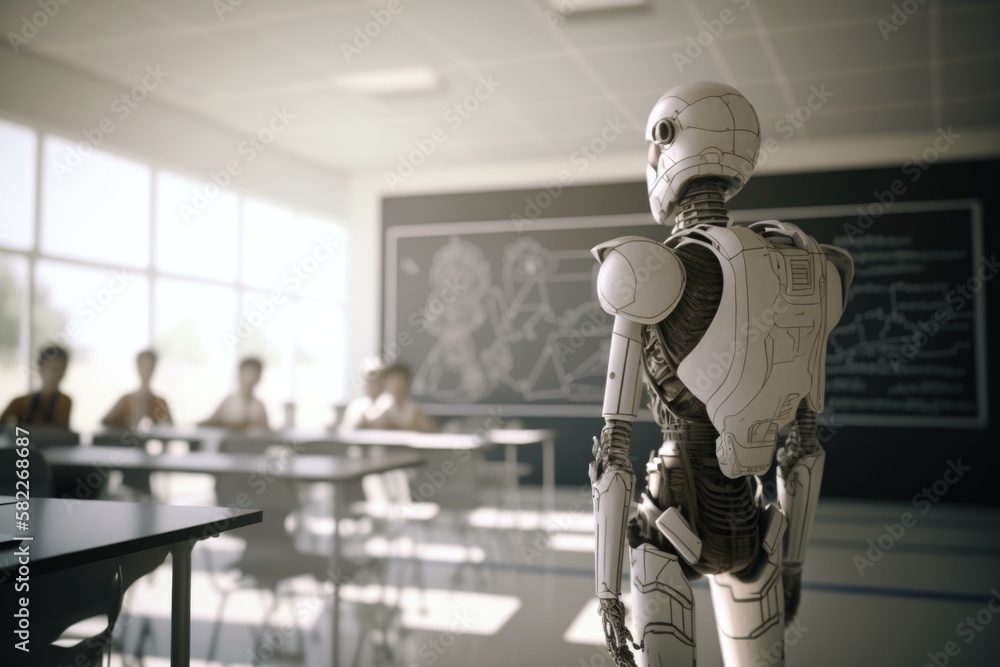 Poster a robot standing in a classroom with students in the background classroom animation robotics enginee